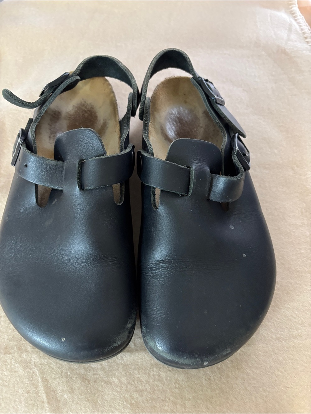 Birkenstock Black Leather Clog with Buckle Strap Sz 37/6 GUC Has Flaws